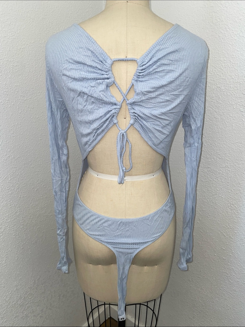 Light Blue Ribbed Open-Back Long Sleeve Bodysuit